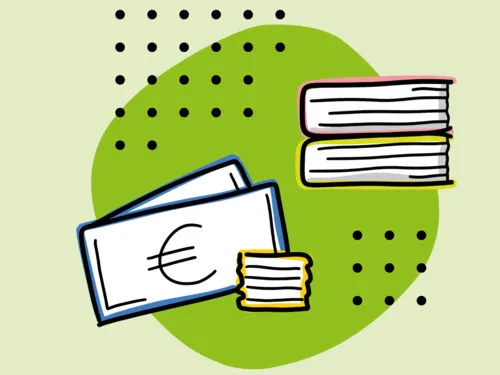 Gezeichnete Geldnoten und B&uuml;cher