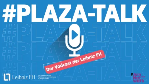 Grafik mit Schriftzug "Leibniz FH Plaza-Talks" und symbolisiertem Mikrofon