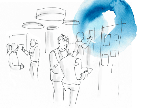 Eine überwiegend weiße Zeichnung, die Menschen im Gespräch in einem Büro zeigt. An den Rändern gelbe und blaue Tuscheränder.