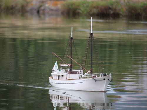 Ein Holzschiff auf einem Teich.