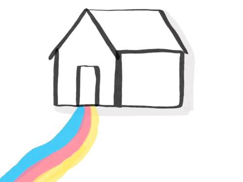 Zeichnung: Der Weg vor einem Haus besteht aus drei bunten, parallelen Streifen in den Farben Blau, Gelb und Rot.