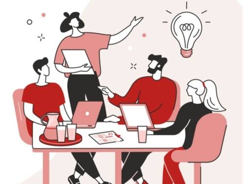 Eine Zeichnung in Rot-Tönen. Vier Personen sitzen um einen Tisch und schauen sich an. Auf dem Tisch zwei Laptops, ein Tablett mit Getränken und ein Klemmbrett. In der oberen rechten Ecke des Bildes eine große Glühlampe als Symbol für eine Idee. Eine der Figuren deutet auf die Glühlampe.