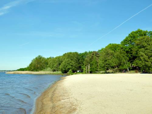 Sandstrand, dahinter Bäume