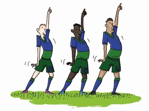 Zu sehen ist eine Karikatur, auf der Fußballspieler einen Tanz aufführen.