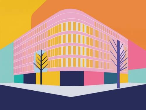 Grobe Illustration aus Farbflächen eines Eckgebäudes mit fünf Geschossen.