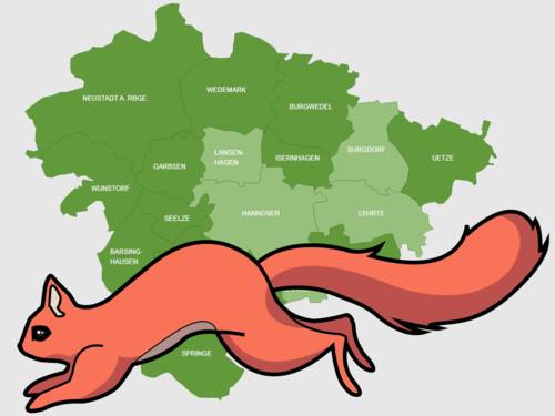 Zeichnung eines Eichhörnchens vor einer Karte der Region Hannover