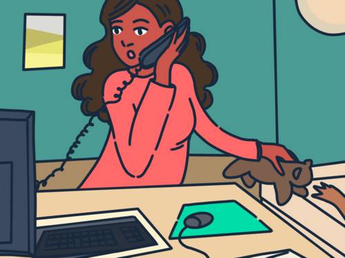 Grafik: Eine Frau telefoniert, schaut dabei auf einen Computerbildschirm und reicht nebenbei ein Kuscheltier nach nebenan in einen Laufstall, eine ausgestreckte Kinderhand nimmt das Kuscheltier entgegen.