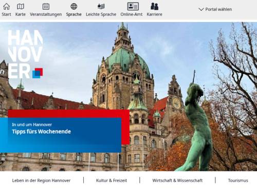 Das Neue Rathaus in Hannover. Daneben grafische Symbole und Schriftzüge.