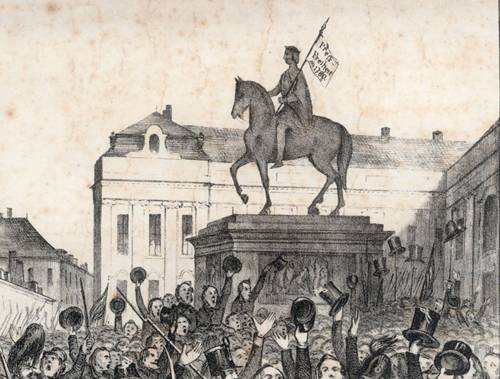 Politische Karikatur. Der 14. März 1848 "Aufhebung der Zensur", Proklamation zu Füßen eines Reiterstandbildes, Lithografie, 1848. (Bildausschnitt)