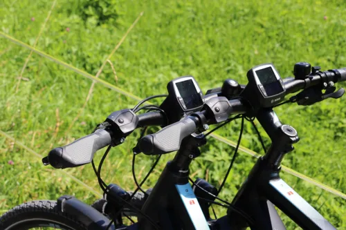 Ausschnitt Lenker von Pedelecs auf grüner Wiese