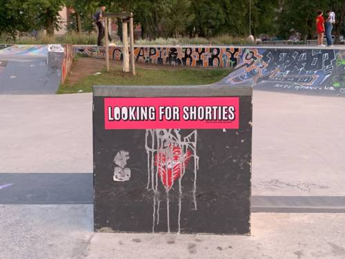 ein öffentlicher Stromkasten mit Banner: Looking for Shorties