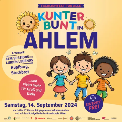 Das Bild zeigt drei Kinder, die sich an den Händen halten. Es enthält außerdem Zeit, Ort und Veranstalter*innen des Festes.