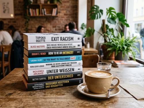 Bücherstapel und eine Tasse Cappuccino