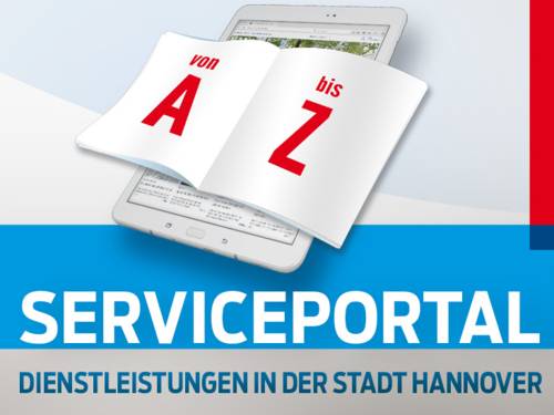 Eine Grafik mit einem Tablet, auf dem ein stilisiertes Buch mit der Schrift "von A bis Z" liegt, unten steht: "Serviceportal, Dienstleistungen in der Stadt Hannover"