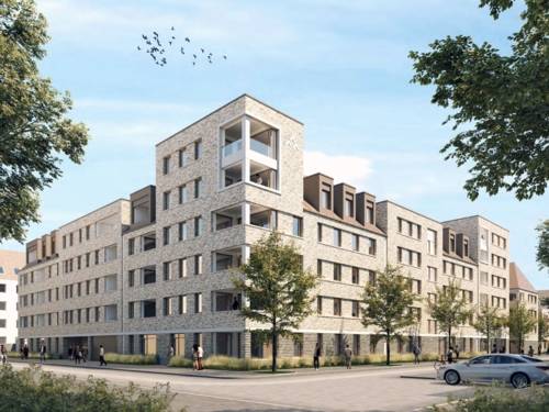 Visualisierung eines modernen Gebäudekomplexes aus Backstein mit vier bis fünf Etagen, vorn das Eckhaus mit Loggias über die Ecke.