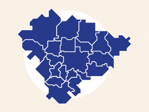 Karte mit den Umrissen aller 21 Kommunen der Region Hannover.