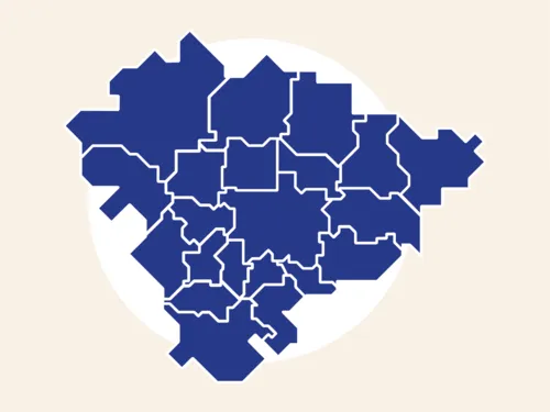 Karte mit den Umrissen aller 21 Kommunen der Region Hannover.