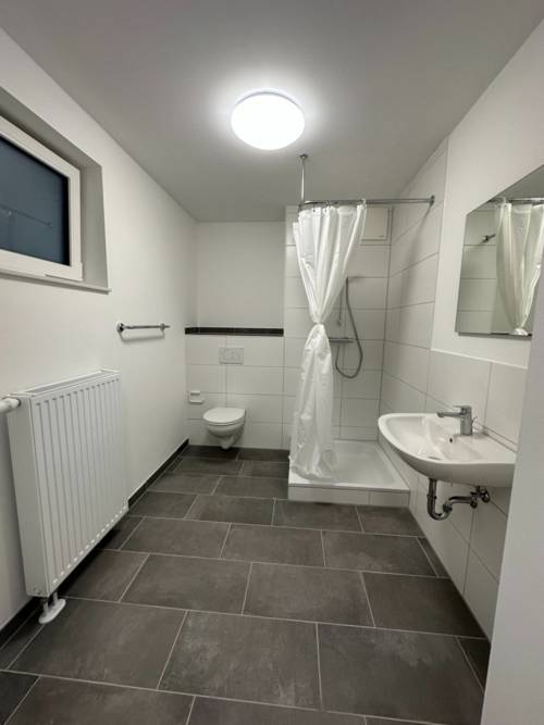 Innenansicht eines Badezimmers mit grauen Bodenfliesen und weißen Wandfliesen: links eine Heizung und ein kleines Fenster, hinten eine Toilette, rechts daneben eine Dusche mit Vorhang, an der rechten Wand ein Waschbecken mit Spiegel.
