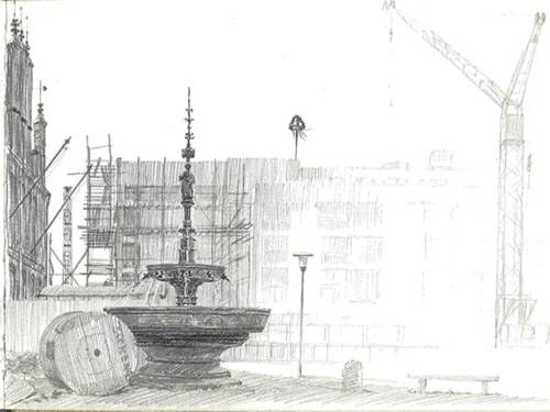 Wiederaufbau, Zeichnung des Malers und Grafikers Heinz Baumgarte (1924-1972)