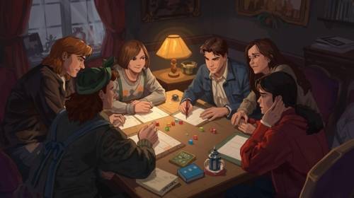 Eine Zeichnung, in der mehrere Leute um einen Tisch sitzen mit Notizzetteln und Pen and Paper spielen.