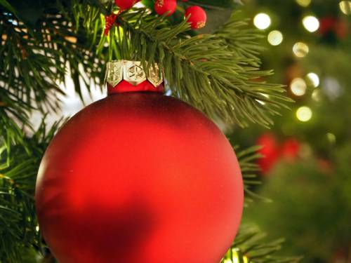 Die Zweige eines Tannenbaums sind mit Kugeln geschmückt, im Hintergrund leuchten unscharfe Lichter.