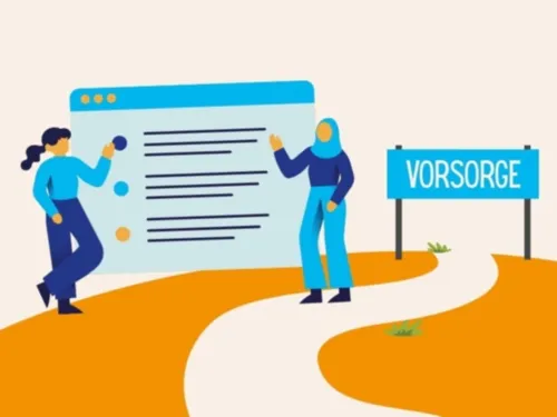Illustration: Zwei Personen stehen an einer Strecke und zeigen etwas in einem Dokument, im Ziel der Strecke steht "Vorsorge"