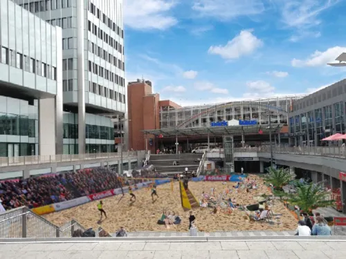 Visualisierung eines Volleyballfelds auf einem städtischen Platz.