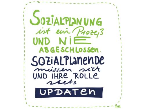 Grafisch gestalteter Text: "Sozialplanung ist ein Prozeß und nie abgeschlossen. Sozialplanende müssen sich und ihre Rolle stets updaten.