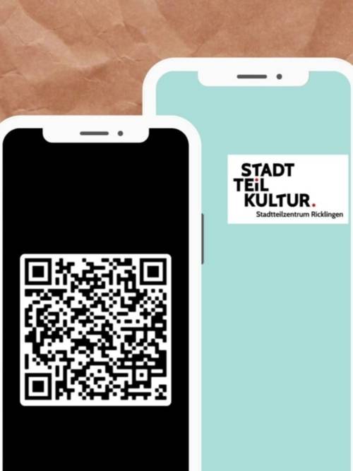 Bild zweier Handy: Eines mit QR-Code zum Newsletter und das andere mit der Aufschrift "Stadtteilkultur Stadtteilzentrum Ricklingen"