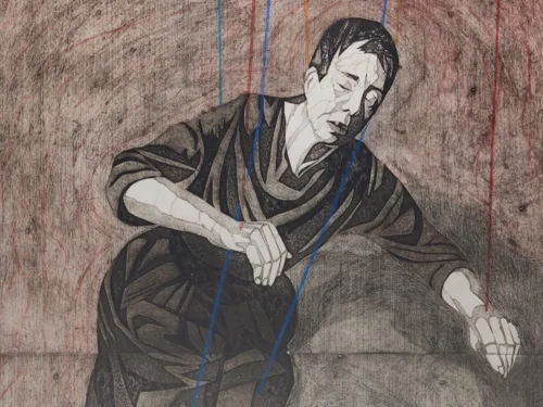 Zu sehen ist eine Grafik von Michaela Wheater einer Person, die wie eine Marionette an roten und blauen Fäden hängt.