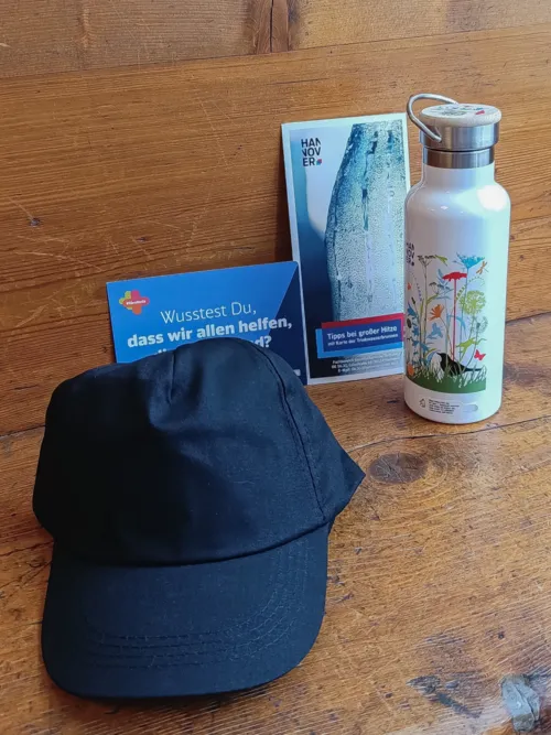 Eine Schirmm&uuml;tze, eine Trinkflasche aus Edelstahl ein Flyer und eine Postkarte zusammengestellt auf einer Holzunterlage