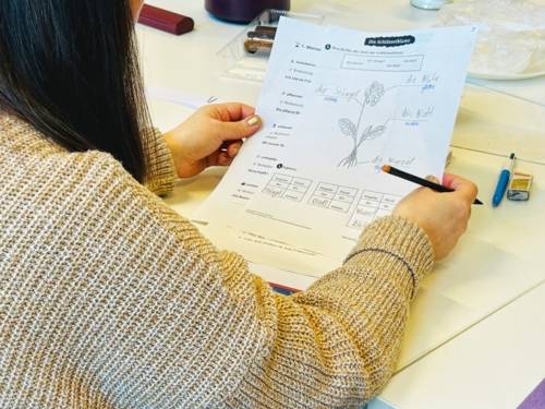 Eine Person mit langen Haaren hält ein Arbeitsblatt und einen Stift in der Hand.