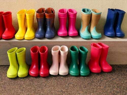 Viele bunte Paare kleine Kinder-Gummistiefel stehen vor einer Wand