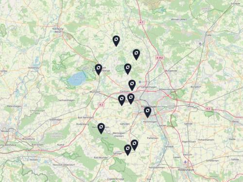 Vorschau auf eine Karte: Pins markieren die Orte, an denen ein Konzert im Kultursommer 2022 der Region Hannover stattfindet.