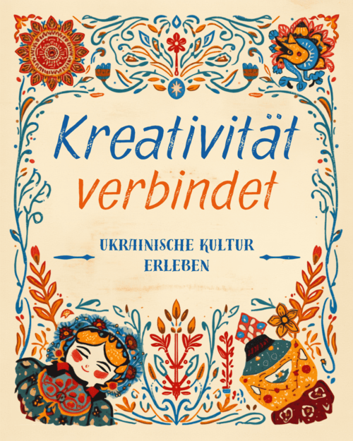 Auf dem Bild ist eine Motanka Puppe zu sehen sowie der Titel Kreativität verbindet - ukrainische Kultur erleben
