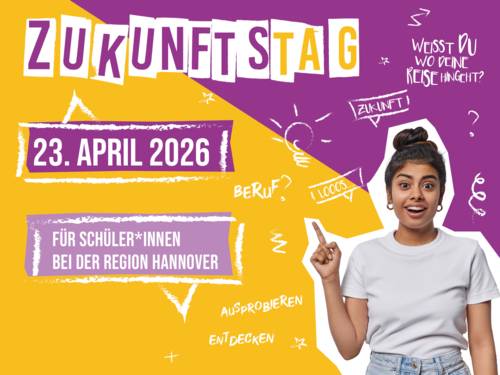 Collage in pink und gelb zum Zukunftstag am 23. April 2026 bei der Region Hannover.