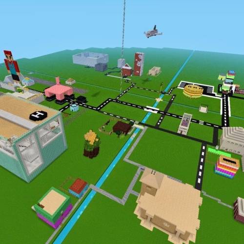 Eine grüne Landschaft mit einer Stadt, im Minecraft-Stil.