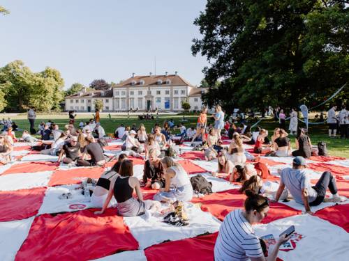 Menschen auf einer großen Picknickdecke auf einer Wiese.