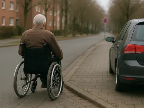 Auf dem Bild ist ein älterer Rollstuhlfahrer zu sehen, der es sichtlich schwer hat die Straße zu überqueren, weil ein parkendes Fahrzeug den abgesenkten Bordstein blockiert.