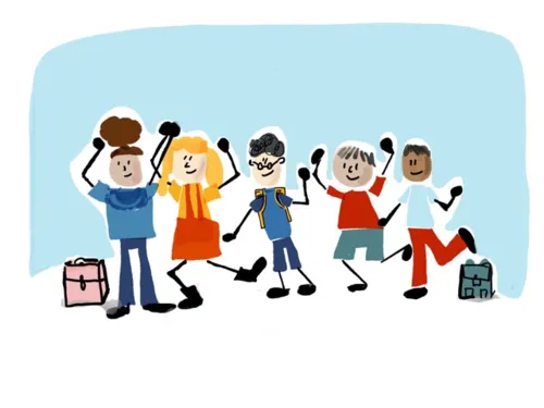 Malerei, die f&uuml;nf Kinder zeigt.
