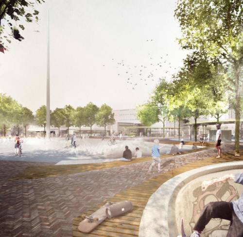 Farbige Visualisierung eines Platzes, mit B&auml;umen und einer hohen Stele, Menschen sitzen auf Stufen, andere gehen auf dem Platz.