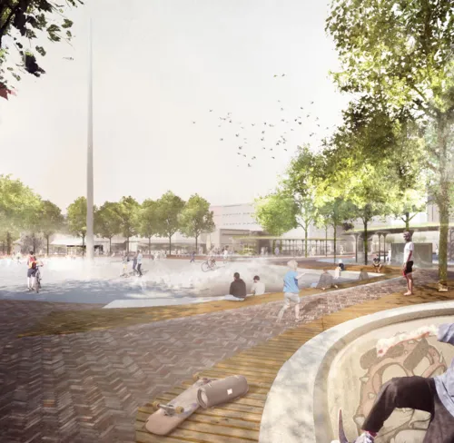 Farbige Visualisierung eines Platzes, mit B&auml;umen und einer hohen Stele, Menschen sitzen auf Stufen, andere gehen auf dem Platz.
