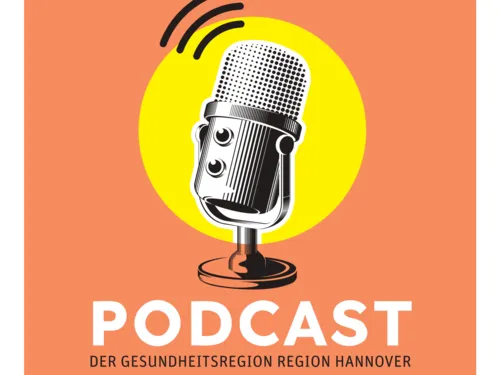 Gezeichnetes Microfon mit Untertitel "Podcast der Gesundheitsregion Region Hannover"