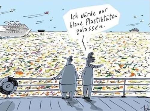 Eine Karikatur, die ein Meer aus Plastik zeigt.