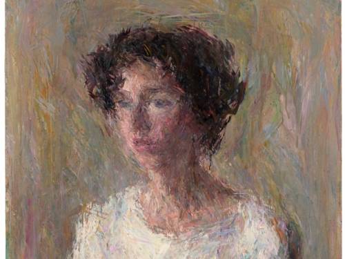 Zu sehen ist eine Ölmalerei von Daniel Enkaoua: Ein Drei-Viertel-Portrait eine jungen Mannes mit braunem Lockenhaar.