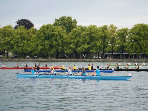 Ruderboote auf denen Menschen sitzen und über den Maschsee fahren.