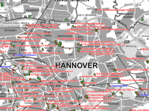 Ein Kartenausschnitt zu Vereinssportstätten aus dem Hannover-Geoinformationssystem