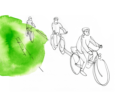 Zeichnung von drei Personen, die Rad fahren. Am Rand des weißen Bildes ist etwas grüne Farbe.