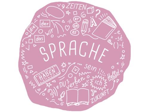 Verschiedene Begriffe und Symbole zum Thema Sprache und Spracherwerb bilden eine Wortwolke mit weißer Schrift auf rosafarbenem Hintergrund.