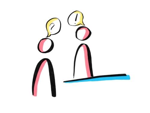 Zeichnung: Zwei Personen stehen sich gegenüber. Über der einen ist ein Fragezeichen, über der anderen ein Ausrufezeichen.
